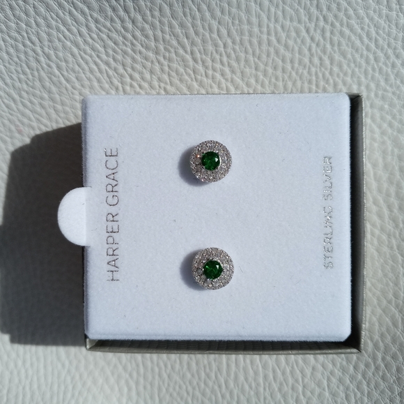 Sterling silver lab created Emerald CZ earrings - Picture 8 of 12
